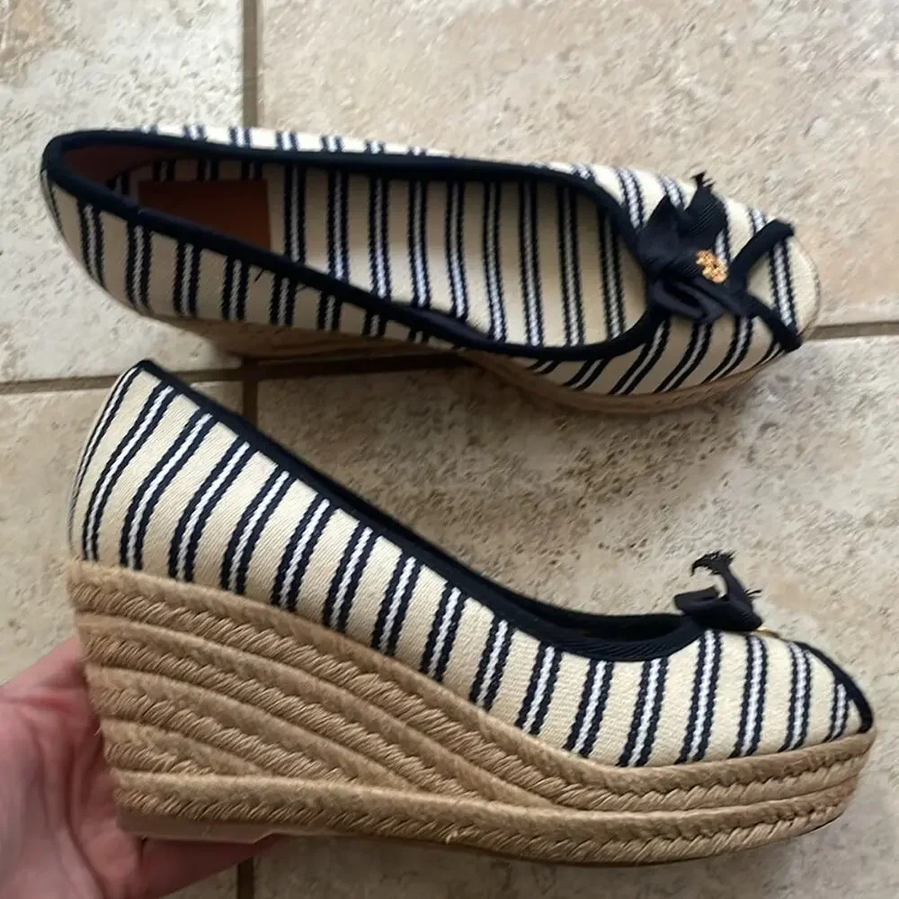 Tory Burch Jackie Striped Peep-Toe Wedge sandal Ivory Navy